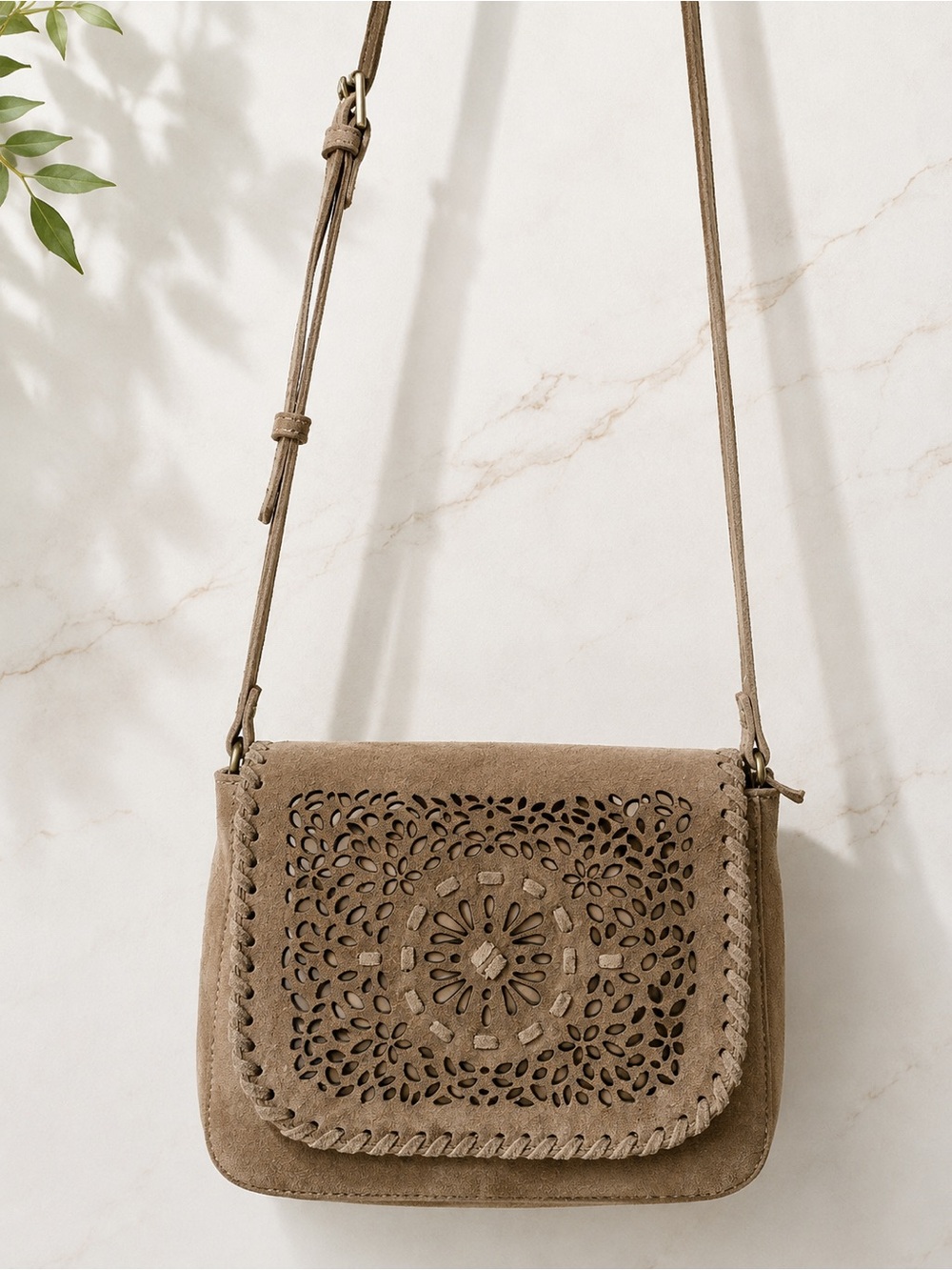 NWT Genuine Suede Crossbody Bag Taupe Laser Cut Boho NWT